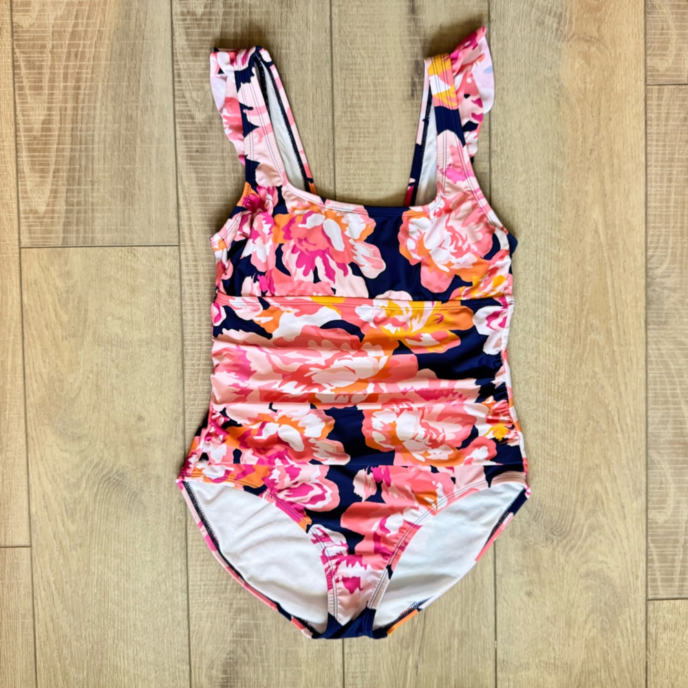 Kona Sol Navy One-Piece with Pink & Orange Floral Accents Sz 8-10